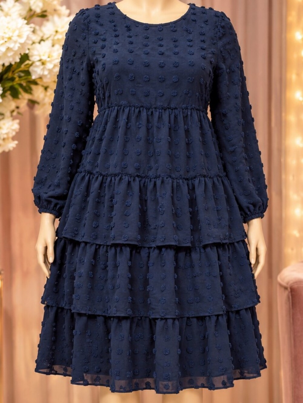 Tiered Navy Dot-Texture Long Sleeve Dress